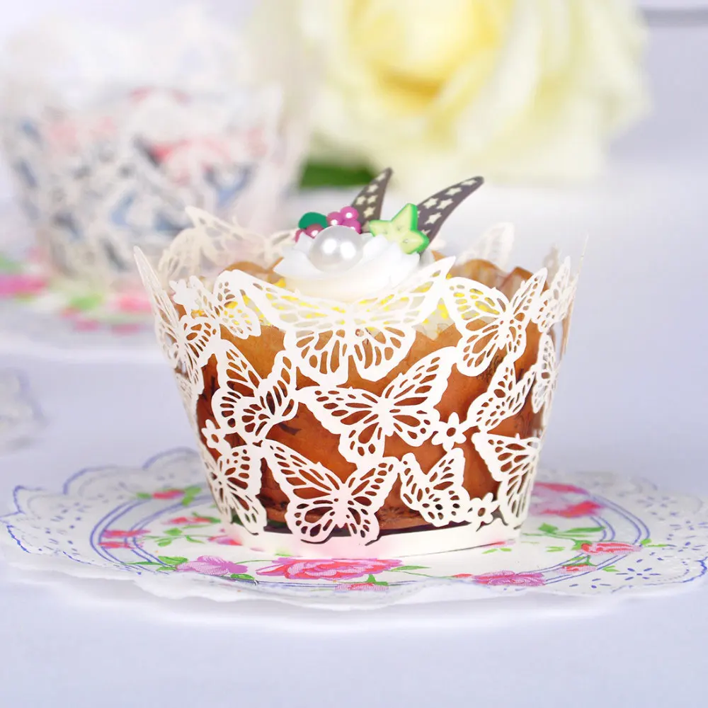 50pcs Laser Cut Cupcake Wrapper Liner Butterfly Hollow Cake Paper Edge Baking Cup Muffin Mold Cake Tools Kitchen Accessories