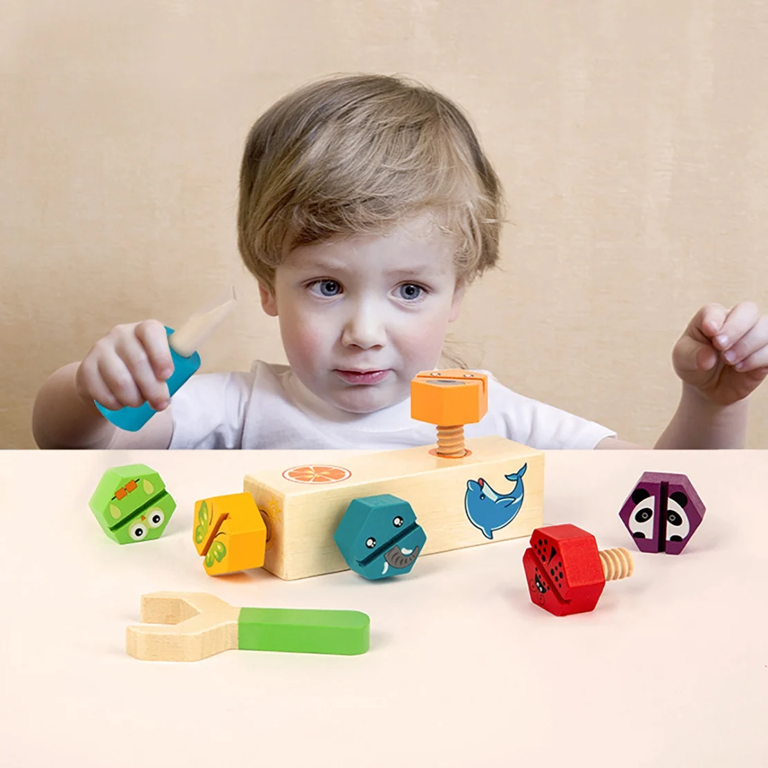 Kids Multi-Color Matching Game Wood Tool Set Toy Screw Block Classic Toddler Memory and Sensory Skills Development Toy