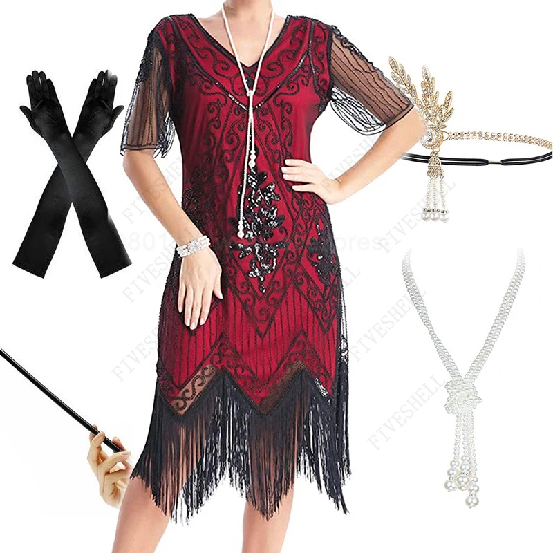 Plus Größe 5xl/4xl frauen Vintage 1920s Gatsby Pailletten Perlen Lange Fransen Quasten Hem Flapper Kleid Party kleid/Zubehör Set