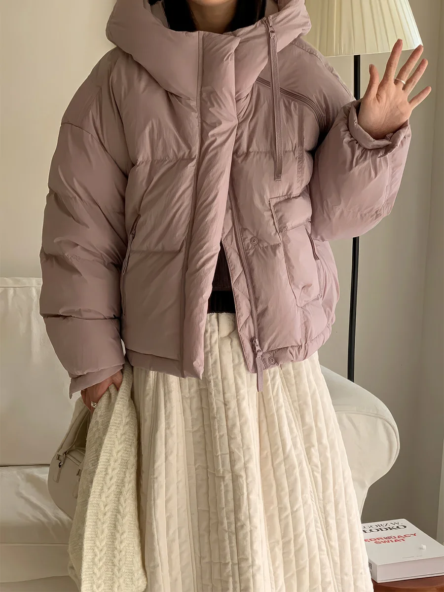 여성용 오트 화이트 다운 재킷 겨울 따뜻한 단색 모자 디자인 패셔너블 아우터웨어 출퇴근용 슬림 코트