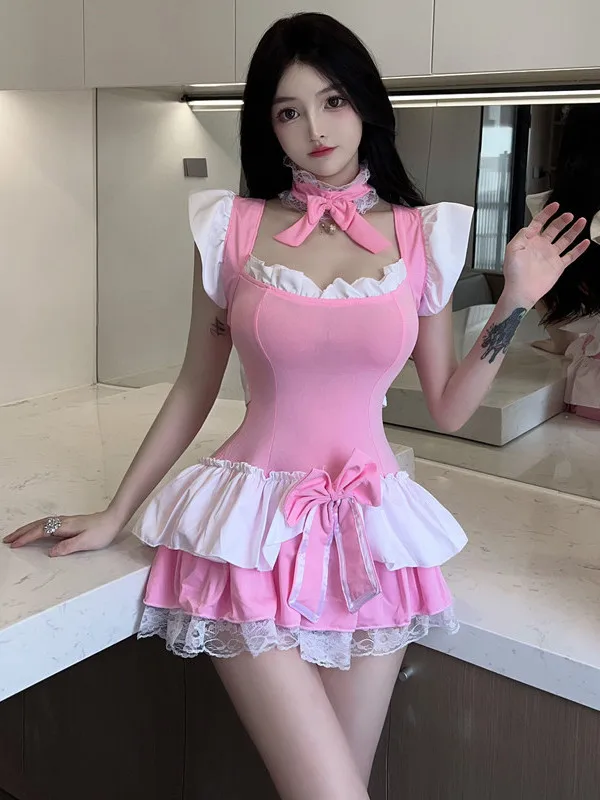 2023 Summer New Women's Sexy Sweet Princess Uniform backless low-cut Flying sleeve Bow Lace Edge Pink White Contrast Dress HSL1