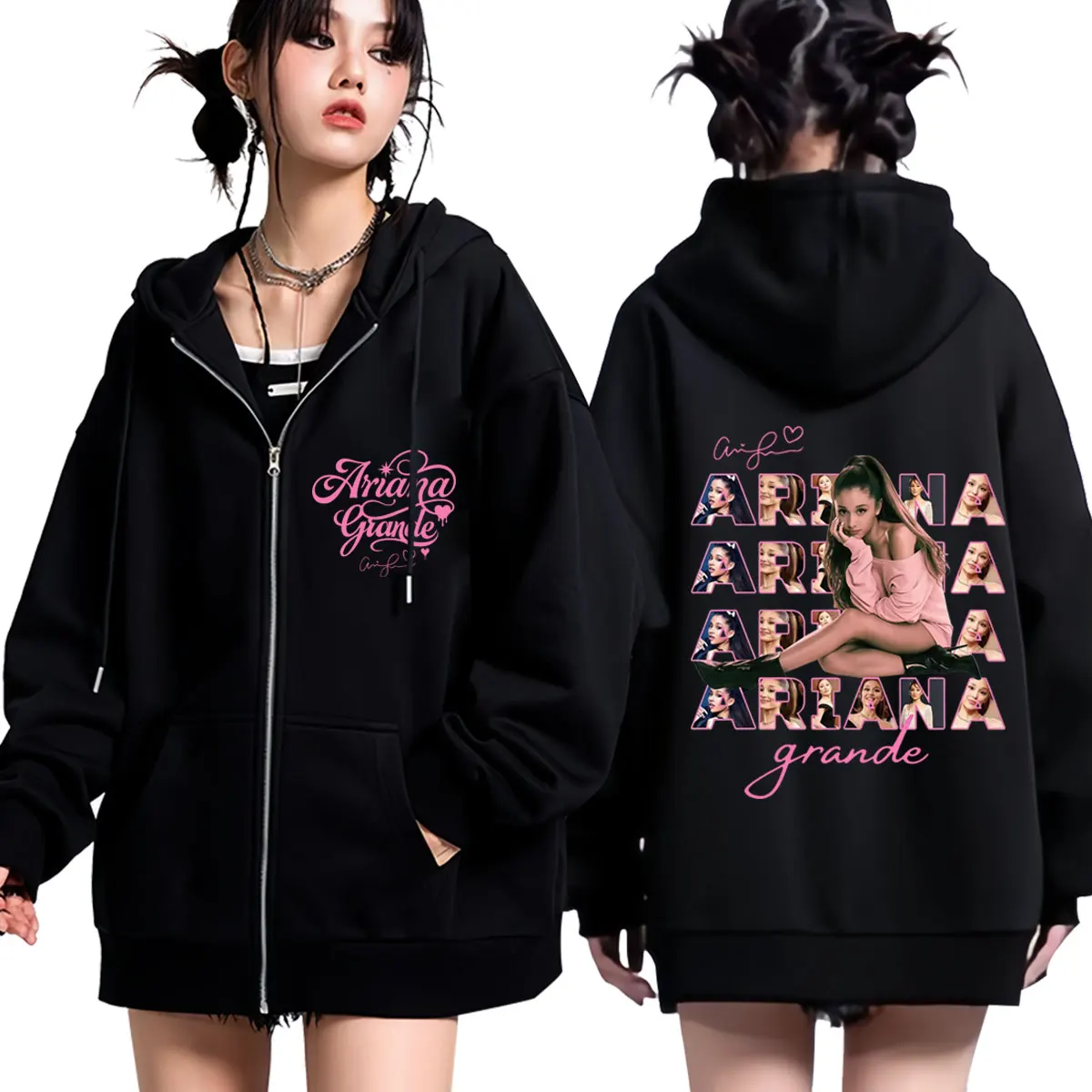 Singer Ariana Grande Tour 2026 Print Zipper Hoodie Men Women Fashion Sweatshirts Hip-hop Loose Aesthetic Trend Zip Up Jacket