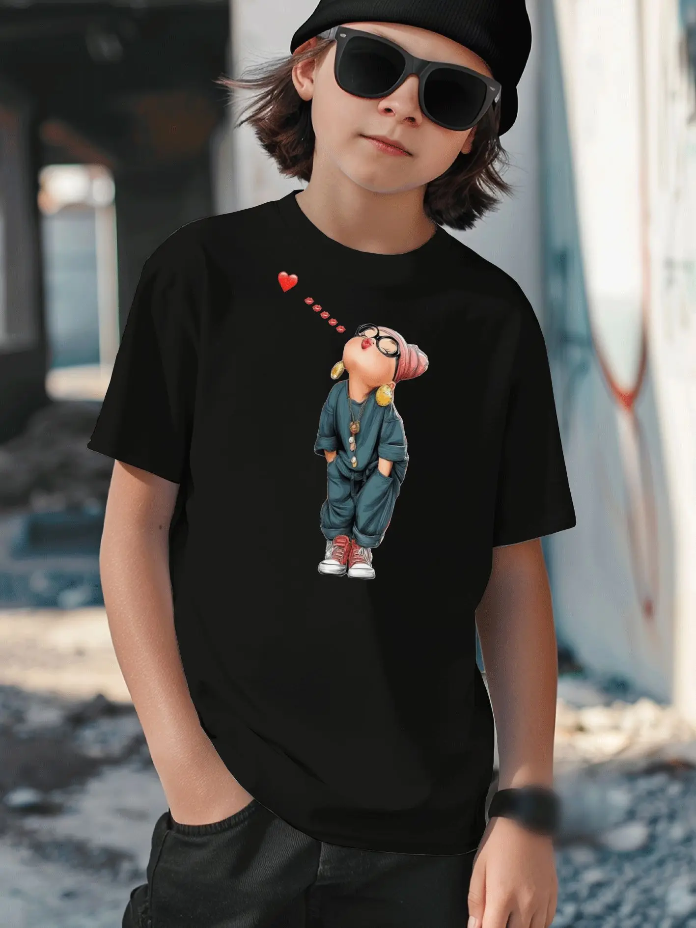 Cartoon Granny Flying Kiss Heart Pattern Children's T-shirt Summer Gift Daily Leisure Parent Child Leisure Street Round Neck Top