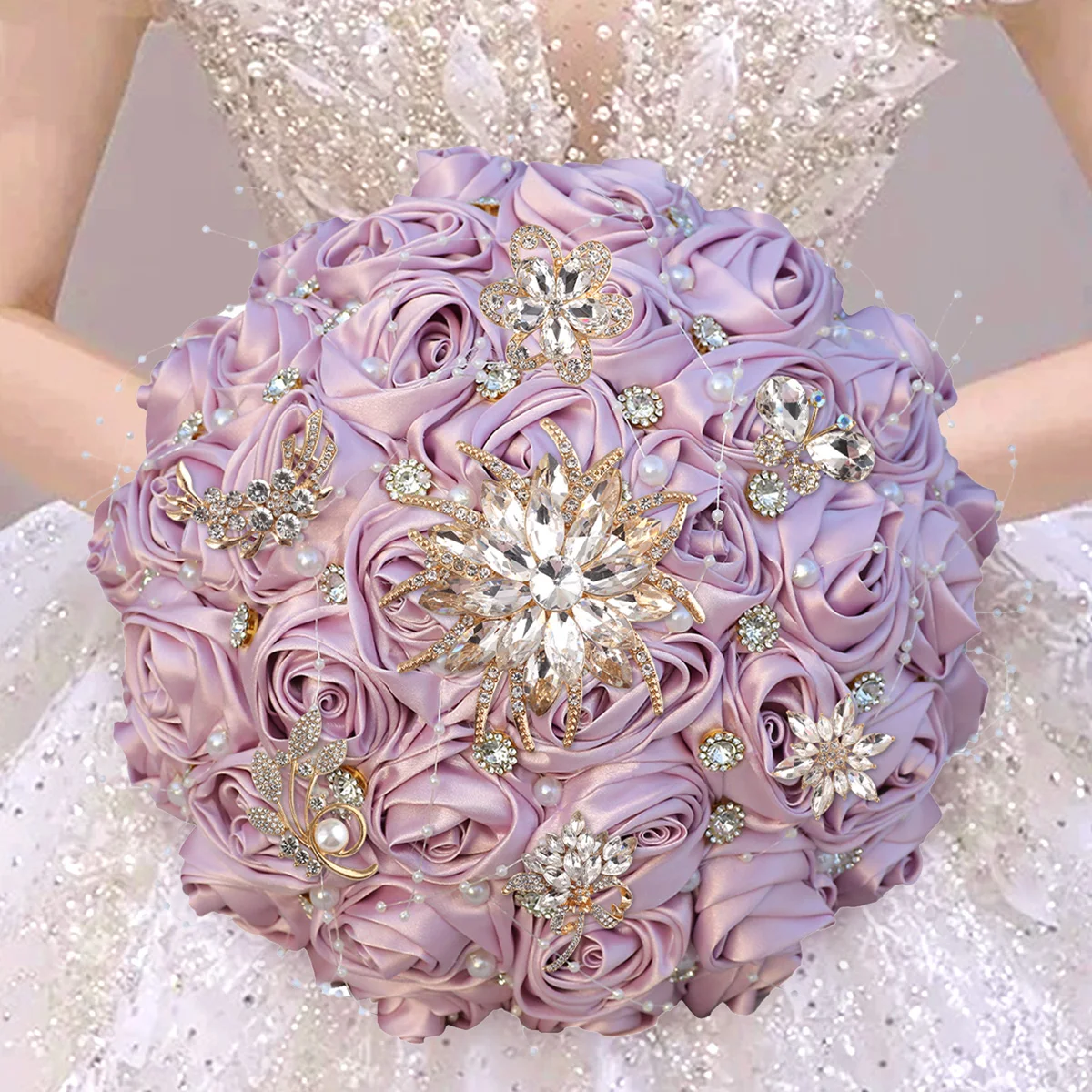 Handmade simulation Rose Roll Hand Flower Bride Bridesmaid Pearl rhinestone wedding jewelry Silk Rose wedding bouquet W0707G