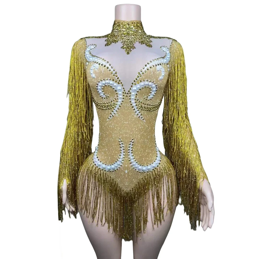 Frangia dorata Strass Donna Body DJ DS Latino Jazz Body Ballerino Cheerleader Stage Wear Servizio fotografico Puntelli Mardi Gras 2024