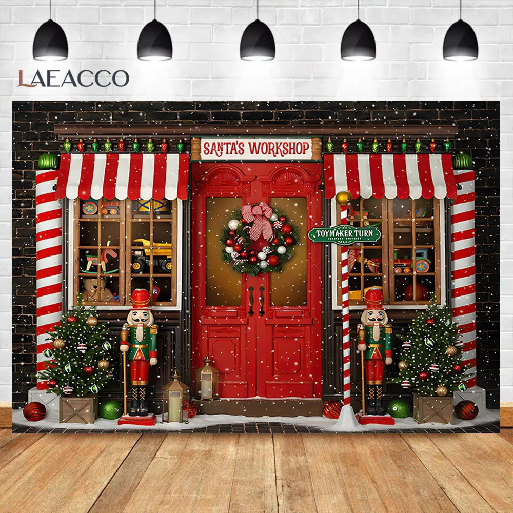 Christmas Photography Backdrop Barn Red Wood Door Xmas Tree Snow Toy Gift Holiday Background New Year Family Party Decorations