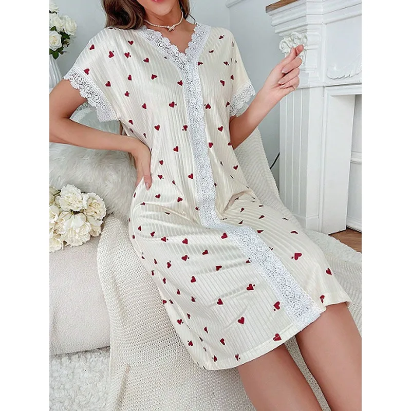 

2025 New Women's Sleepwear V-neck Lace Dress Sweet Heart Home Clothes Comfortable Sensation High-grade Feeling Shiny Snowflake