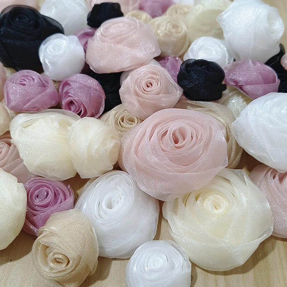 10PCS/Lot 6.5CM/4.5CM Handmade Chiffon Fabric Rose Flowers For Dress Socks Hats Decoration DIY Hair Accessories