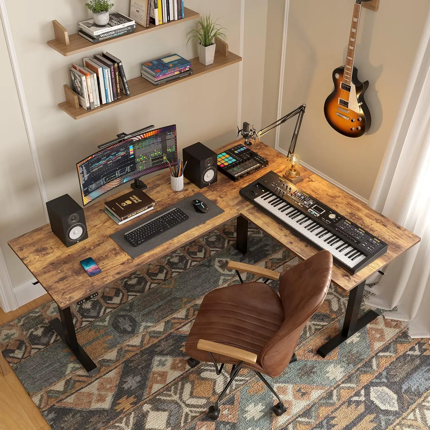 Electric Height Adjustable Corner Stand up Desk, Sit Stand Desk Computer Workstation, Black Frame/Rustic Brown Top