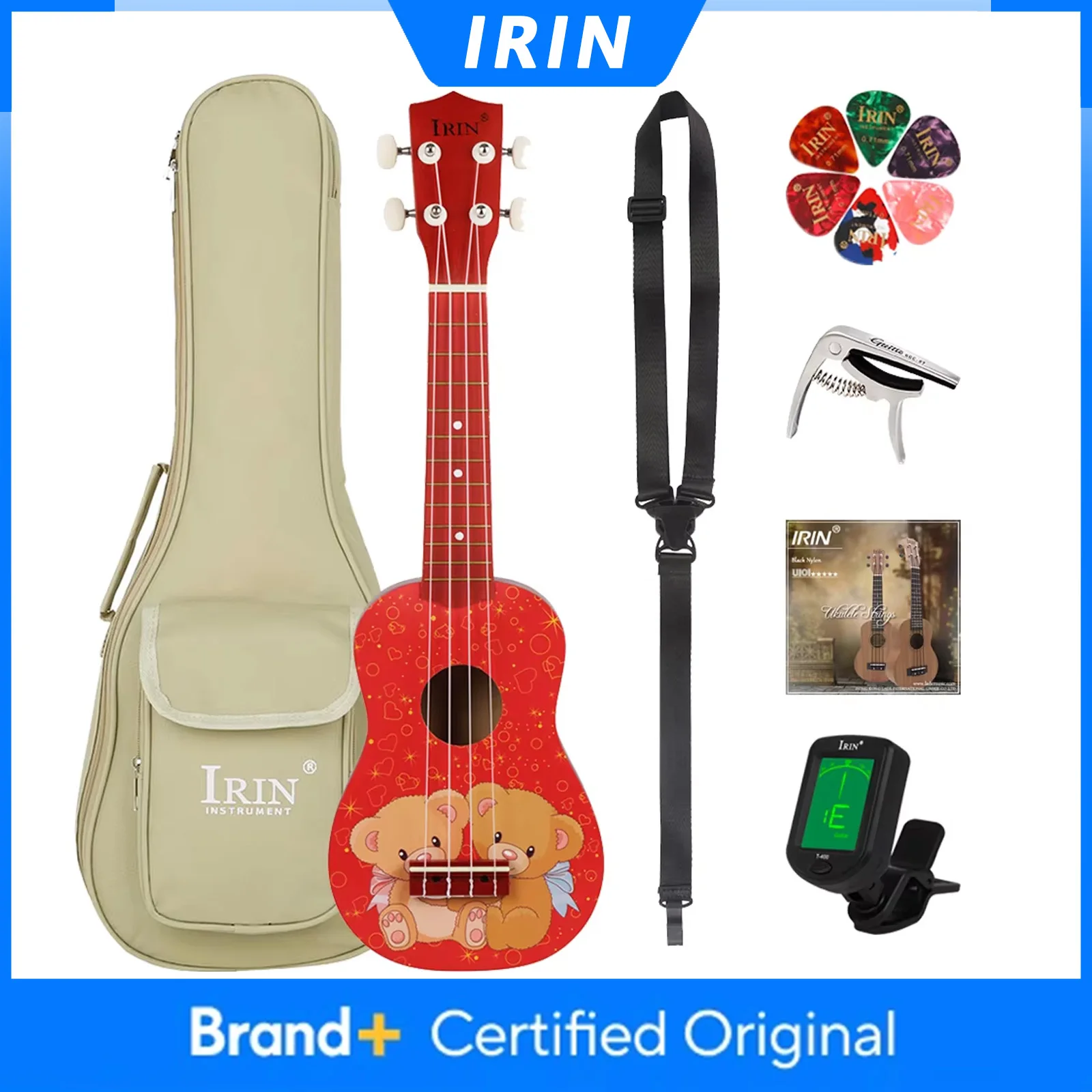 

Укулеле IRIN 21 дюйм, 4 струны, гавайская гитара, мини-укулеле Bear с чехлом, тюнером, струнами, капо, гитарные запчасти и аксессуары