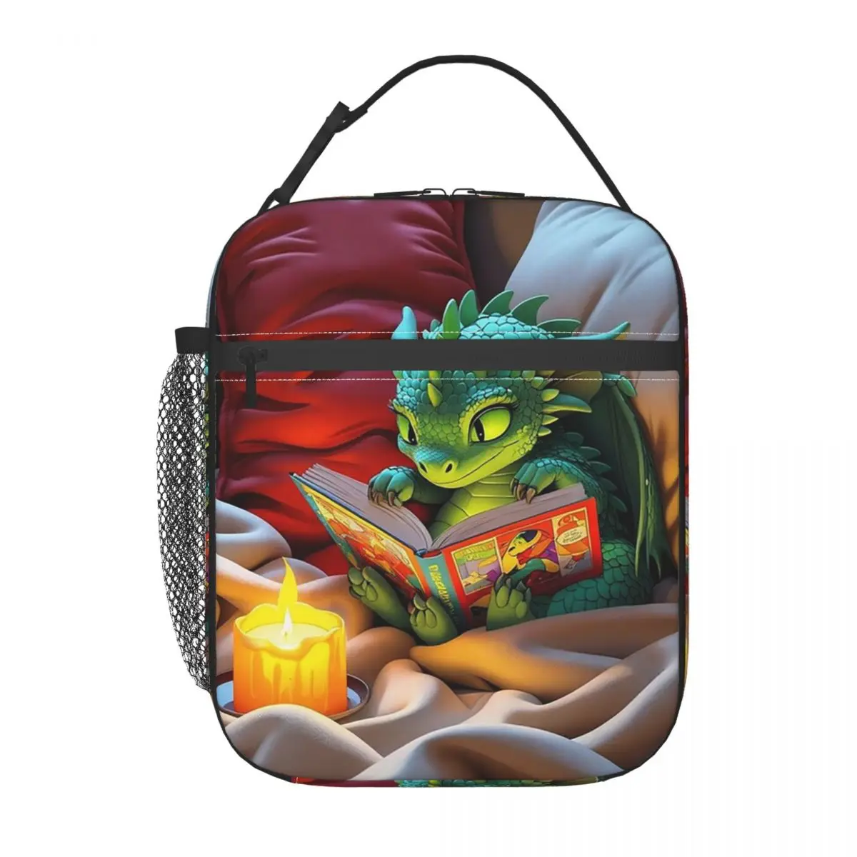 Cute Dragon Reading Book Insulated Lunch Bag for Women Kids Portable Food Boxes Thermal Lunch Box Tote