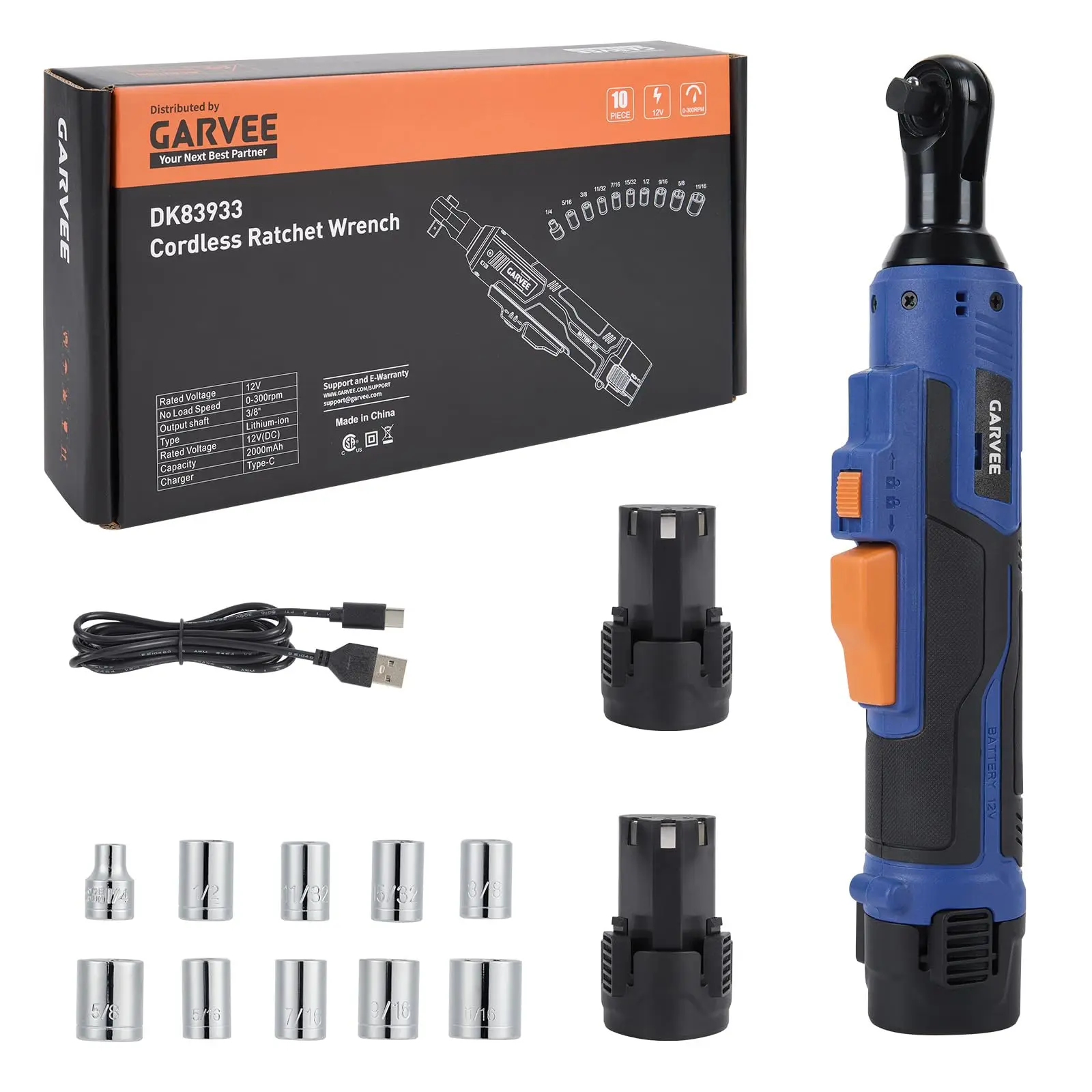3/8in Cordless Electric Ratchet Wrench Kit, 45Nm 300RPM Variable Speed, 21V 2x2.0Ah Batteries, 10 Sockets, LED Light