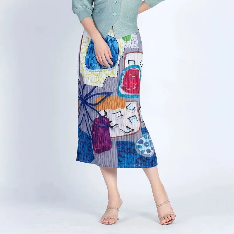 Miyake Pleated 2026 New Summer Skirt Women's Mid-Length Skirt with Design Sense Graffiti Print High Waist Loose Straight Skirt