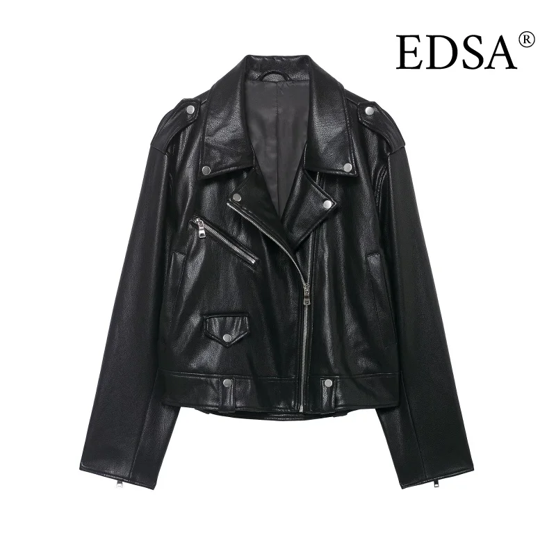 EDSA 여성용 PU 블랙 프론트 지퍼 재킷 캐주얼 라펠 넥 긴 소매 여성 코트 아우터웨어