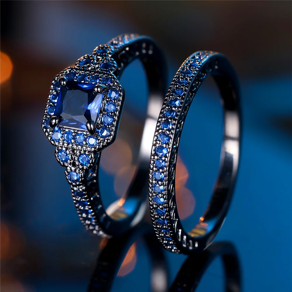 Crystal Female Blue Zircon Square Stone Ring Set Fashion Vintage Black Gold Color Bridal Wedding Engagement Jewelry For Women
