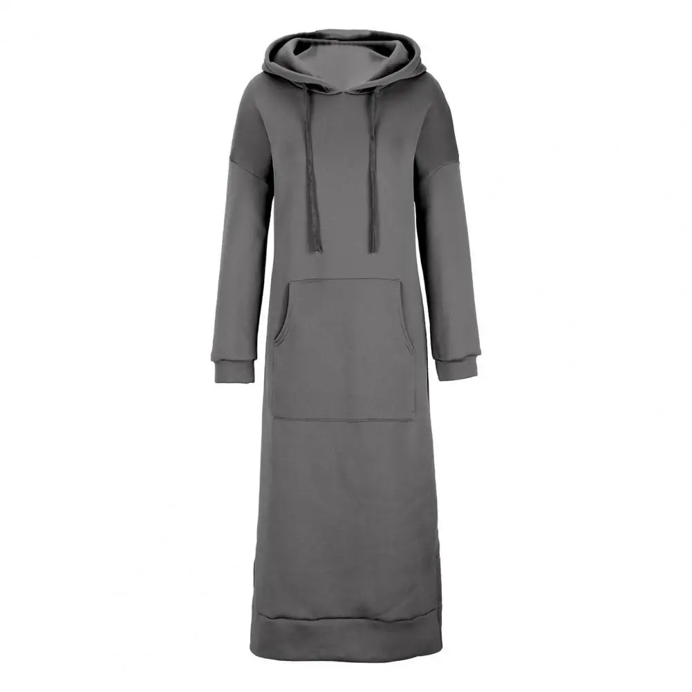 Women Hoodie Dress Elegant Maxi Dress with Hooded Sweatshirt Design Women\'s Autumn Winter Solid Color Long Sleeve Dress