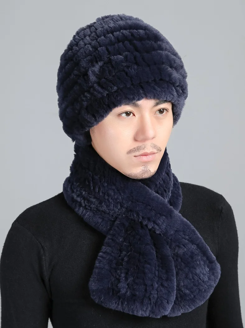 Real Rex Rabbit Fur Hat and Scarf Sets para homens, gorro quente, headwear, lenço, cinza, preto, azul, inverno