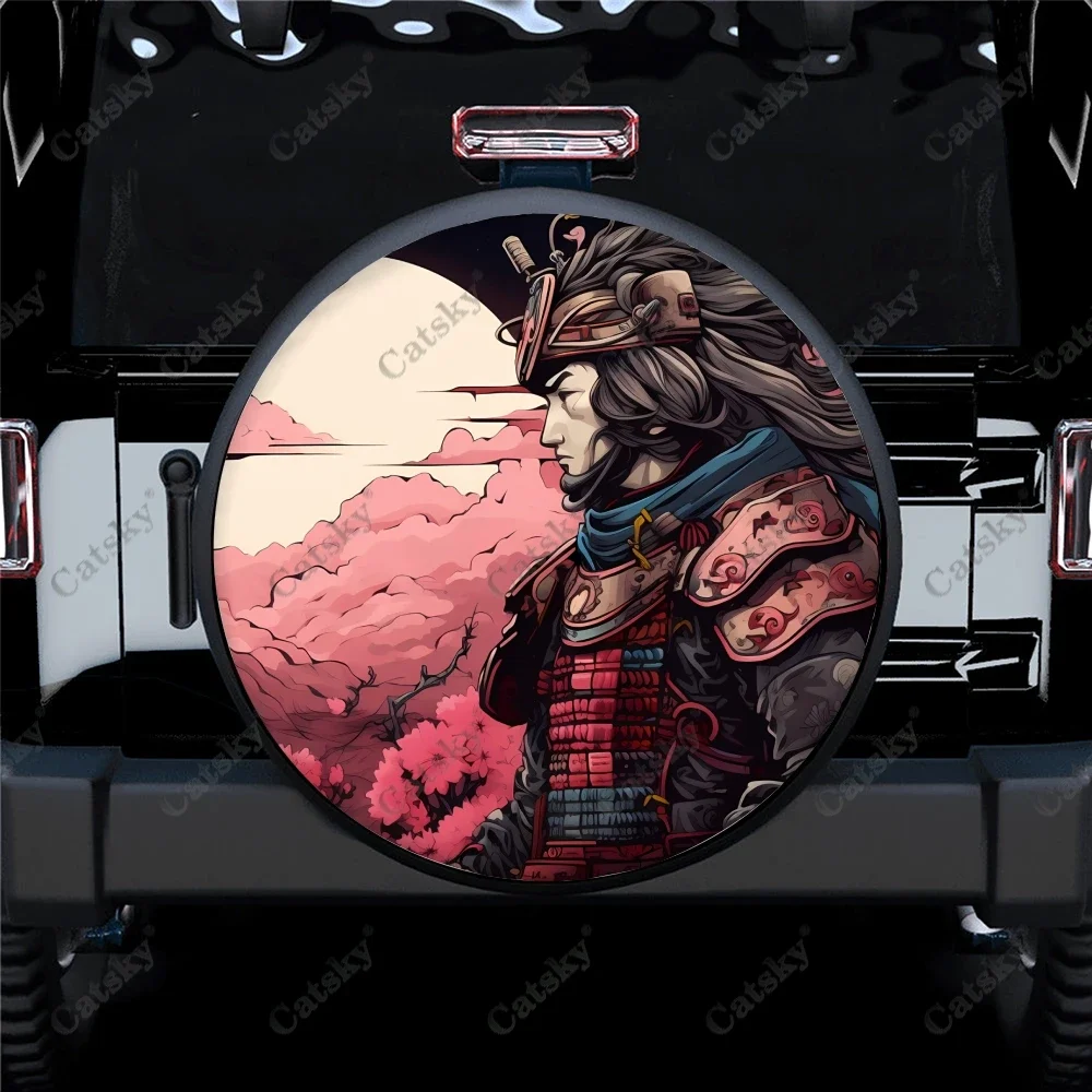 Japanese Samurai Watch Sunset Pattern Polyester Universal Spare Wheel Tire Cover Wheel Covers for Trailer RV SUV Truck Camper