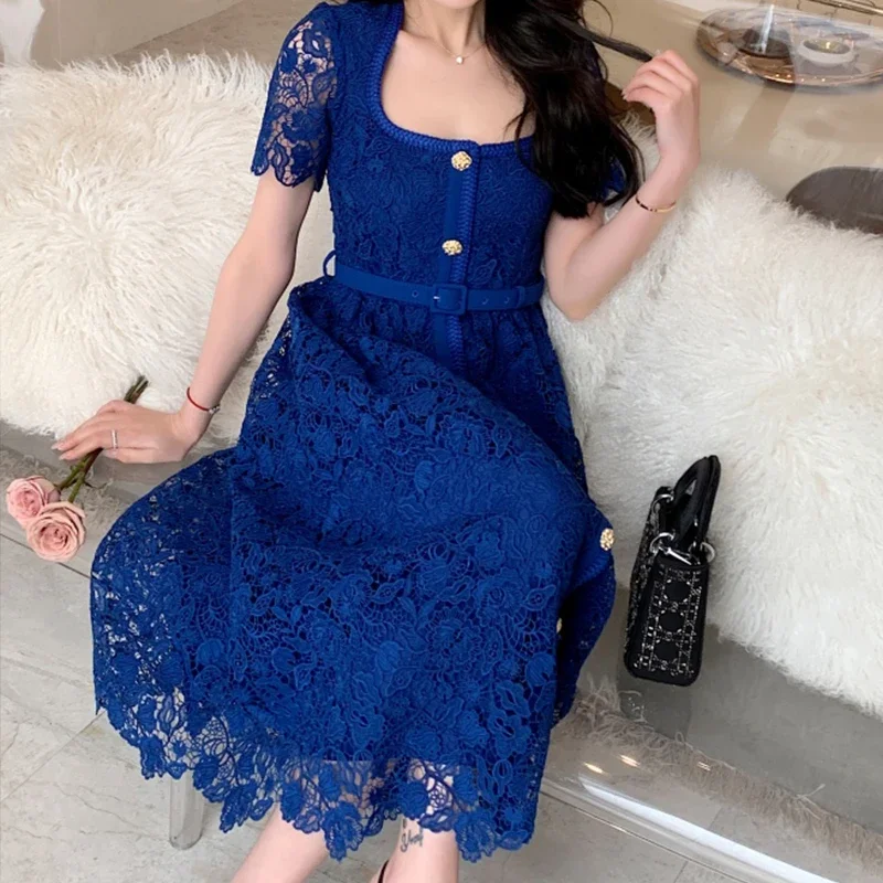 Vintage Blue Lace Dress Women Summer Golden Button Elegant Bodycon Elegant Clothing Square Neck Hollow Out Party Vestido Summer