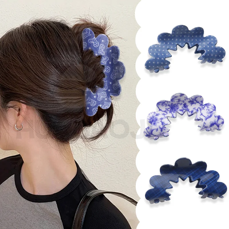 Summer Wave Shaped Denim Print Hair Claws For Women Blue Chinese Style Floral Hair Grab Clip Polka Dot Headwear