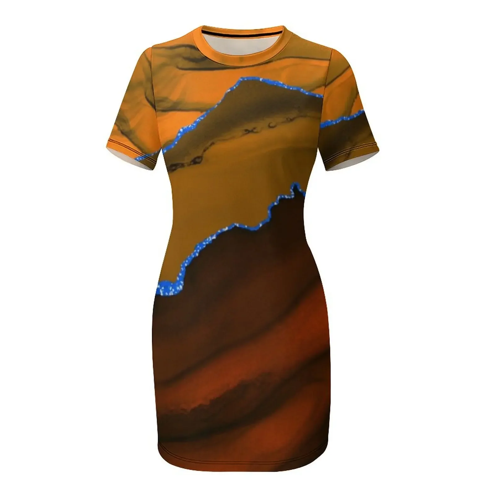 번트 오렌지와 블루 모던 지오드 마노 디자인 반팔 드레스, 2025 여름 여성 드레스, 2025 드레스
