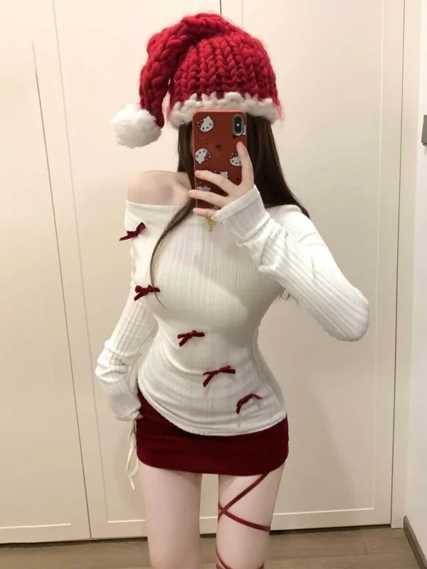 

Cisas Theme Red Knitted Dr Women's Autumn Winter New Sle Sexy ort Skirt Set Long Sve Bodycon Dr