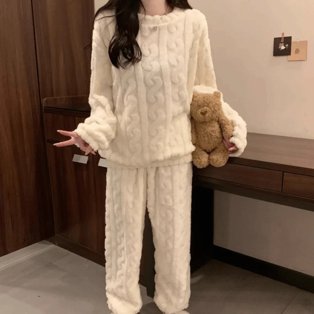 Minimalist Thicken Warm Women Pajama Set Soft Cozy Autumn Winter Velvet Homewear Set Simple Thermal Underwear Set Couple
