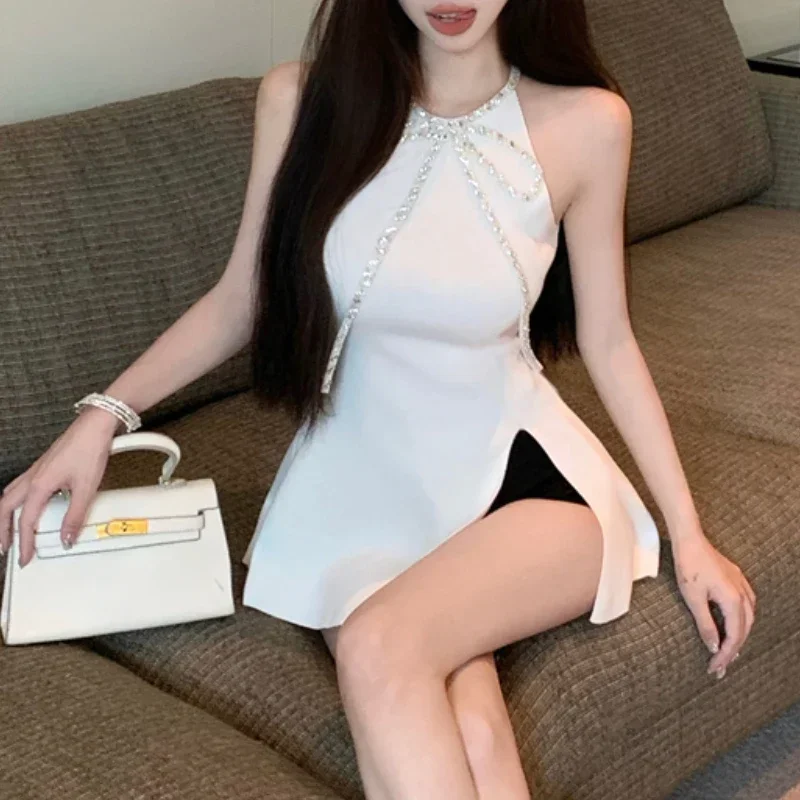 2024 Women's Sexy Solid Color Halter Vest Korean Version Rhinestone Bow All-match Knitted Top