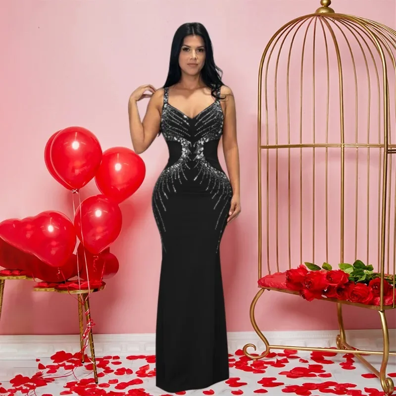 KEXU Diamonds Hot Rhinestones Sexy V-neck Women Strap Sleeveless Bodycon Long Dress Birthday Party Evening Prom Maxi Dresses