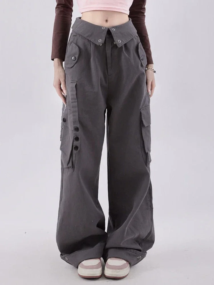 

2024 New Vintage Gray Cargo Pants Women Baggy Cyber Y2k Aesthetic Techwear Wide Leg Trousers Female Grunge Streetwear A131