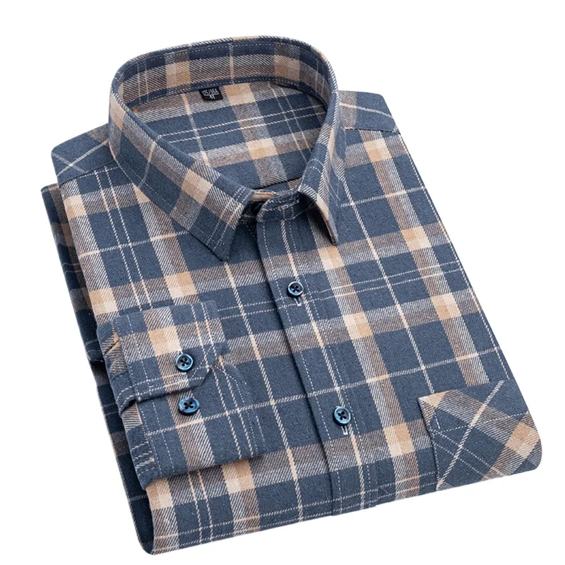 

Classic Shirt for Men 100% Pure Cotton Brushed Plaid Camisas Masculinas 2025 Long Sleeve Casual Mens Office Business Work Shirts