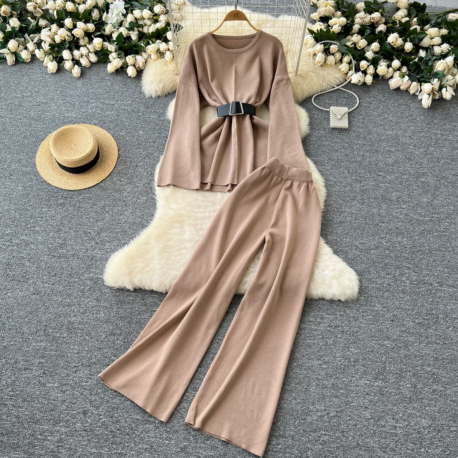 Chic Women Two-Piece Sets Long Sleeve O-neck Slim Sashes Top and High Waist Wide Leg Pants Korean Fashion Autumn Winter Clothing