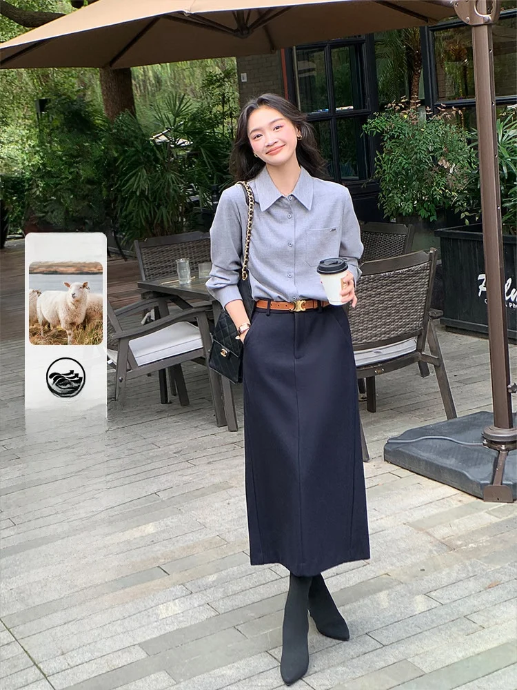 

Ele mat Wool Blend Slim A-Line Long f Skirt Autumn Winter New Sle Ba Split Skirt Ci Commute High Waist Zi...