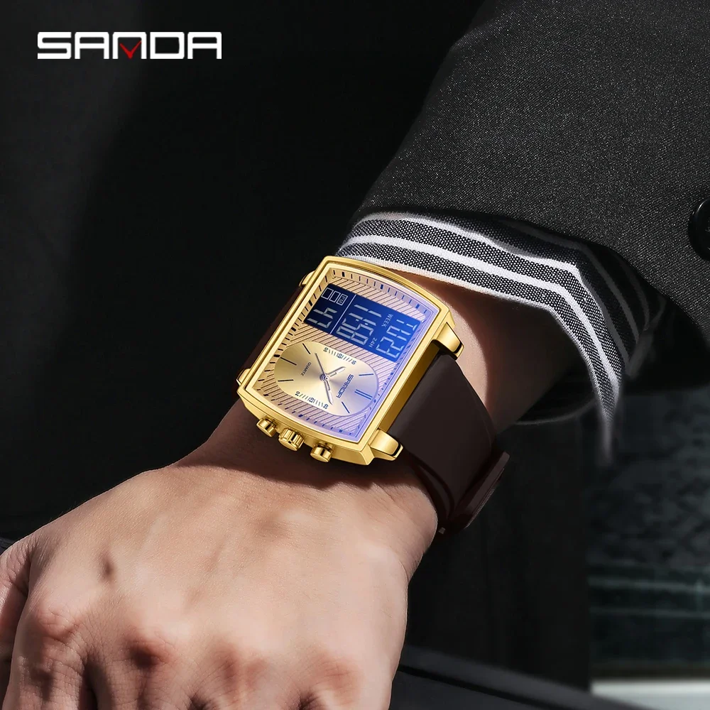 SANDA 2025 ساعة رجالية جديدة متعددة الوظائف عرض مزدوج مقاوم للماء LED شريط إضاءة ساعة إلكترونية للرجال 6238
