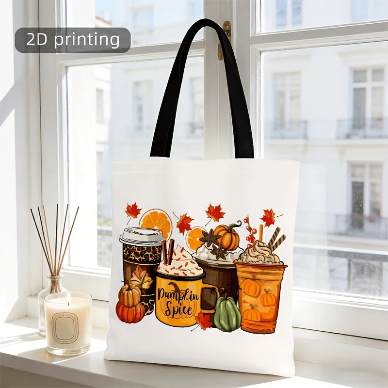 Autumn Pumpkin Spice Coffee Canvas Tote Bag Fall Maple Leaf Pumpkin Print Handbag Reusable Casual Shoulder Bag Thanksgiving