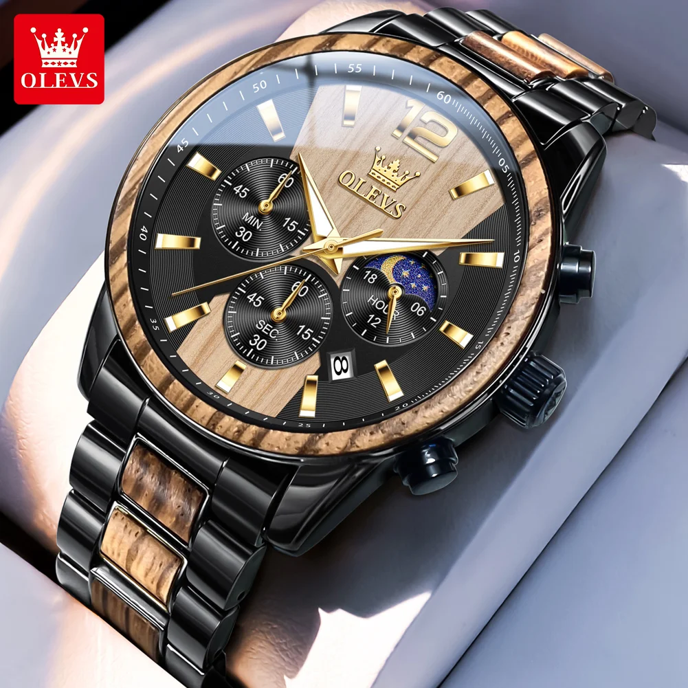 OLEVS Original Men's Watches Luxury Quartz Watches Waterproof Luminous Solid Wood Moon Phase Day Watches for Man New Reloj 3645