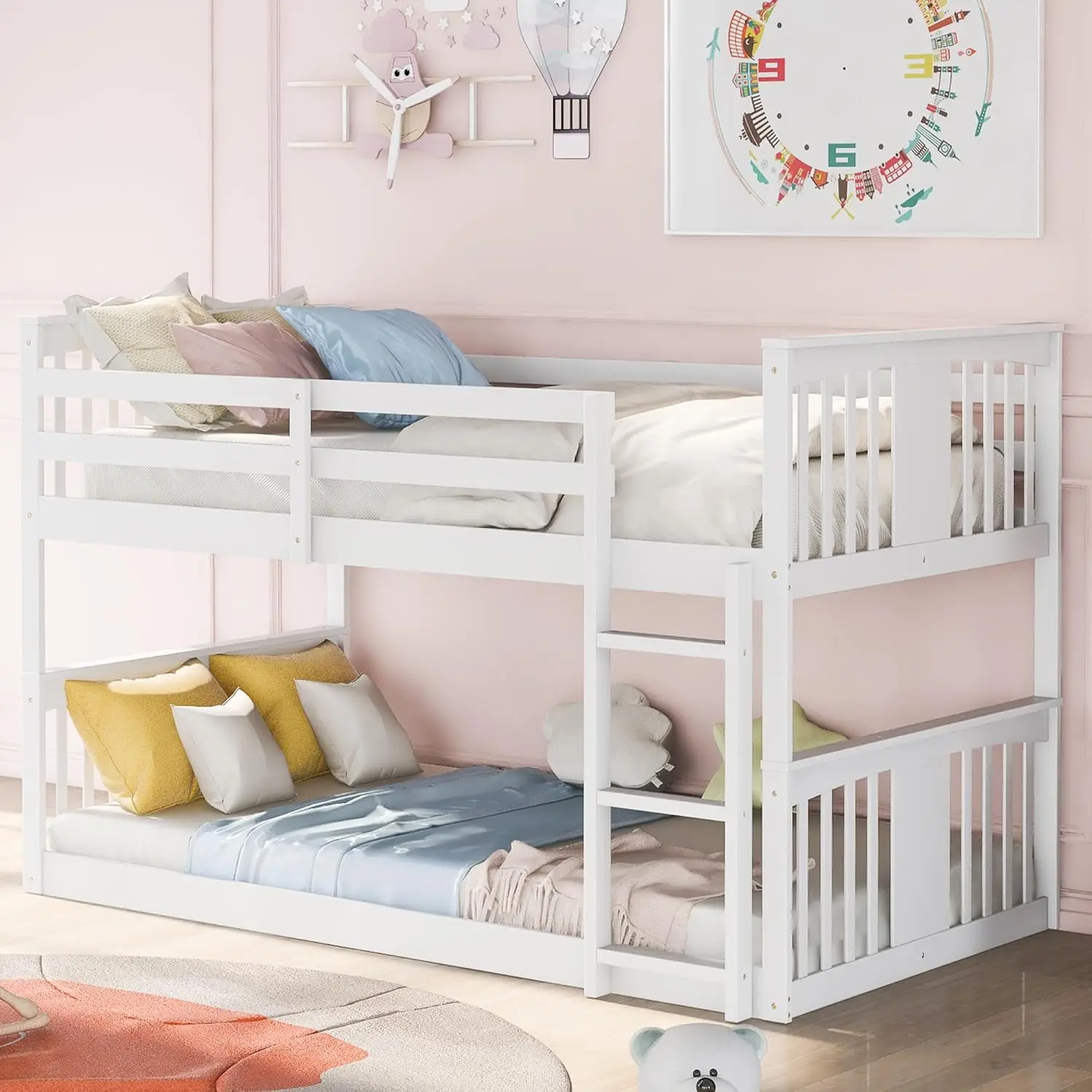 

Kids Bunk Bed Twin Over Twin with Ladder, Full Length Guardrail, Montessori Floor Bunk Beds