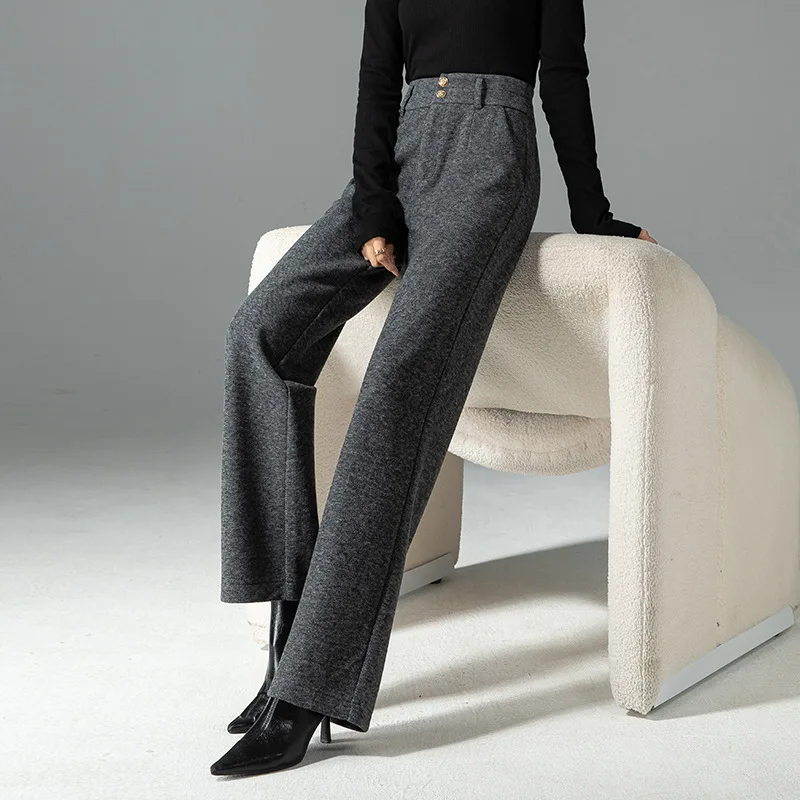Women's Straight Leg Woolen Pants Thicken Warm Winter Autumn Office Lady Cotton Wool Long Trousers Plus Size