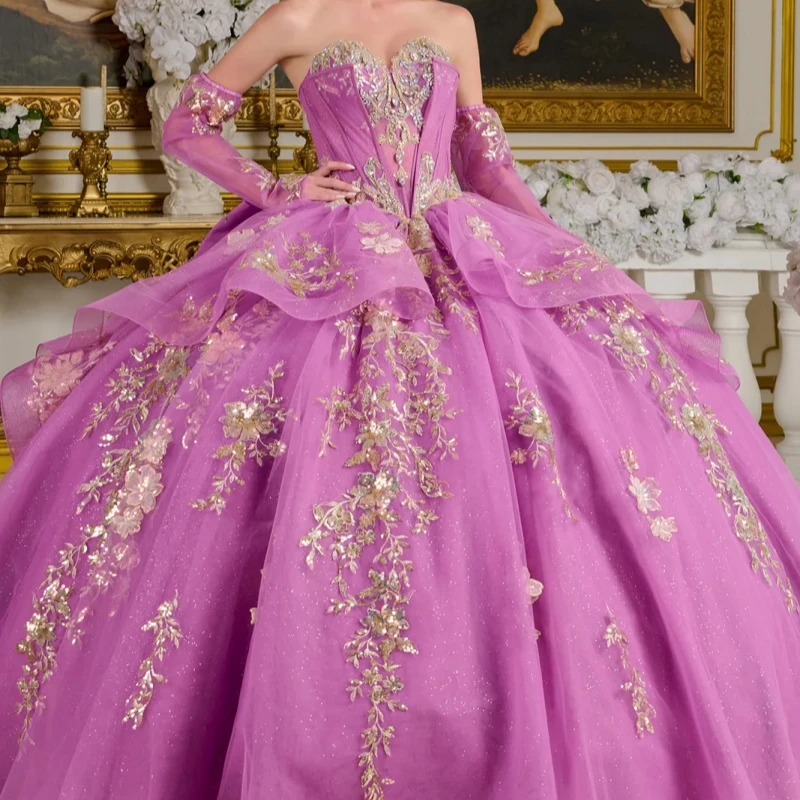 

Light Lilac Shiny Quinceanera Dresses Ball Gown Off The Shoulder Gold Applique Lace Beading Crystal Bow Tull Corset Party