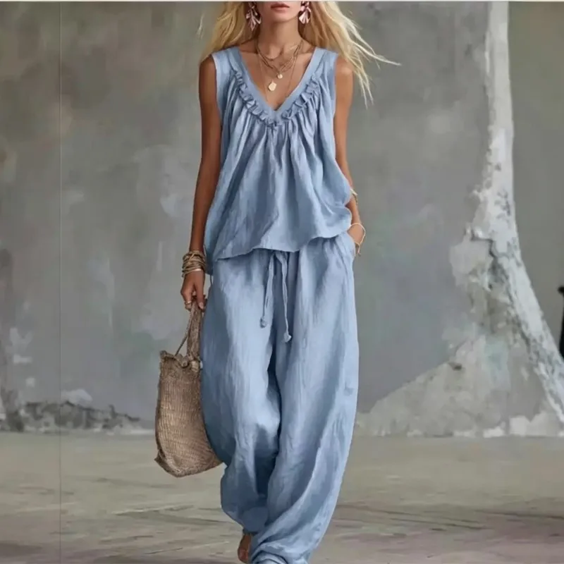 

Summer New Casual Sleeveless Ruffle Top + Lace-up Party Suits Women's Fashion Solid Color Pocket Wide Leg Pant Two Piece Set