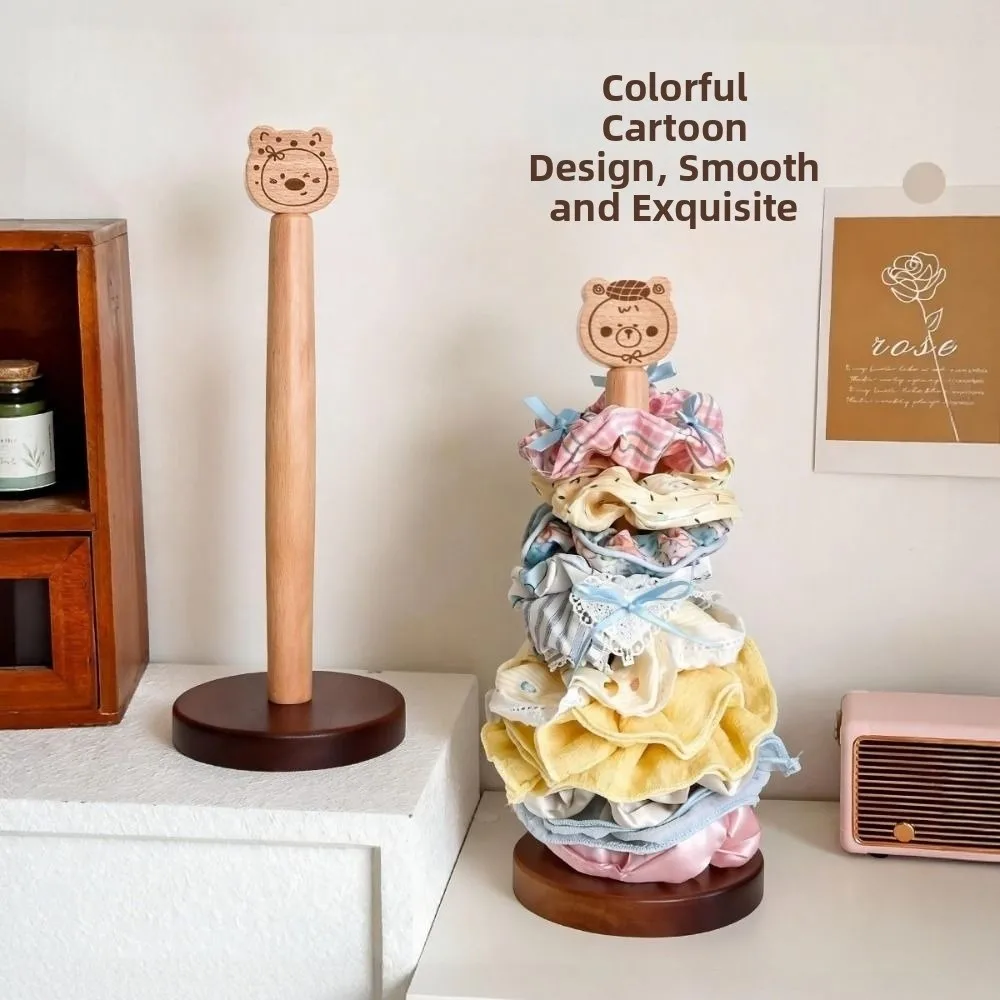 New Cartoon Bear Hair Tie Storage Rack Stable Base Standing Scrunchie Organizer Wooden Paper Towel Stand