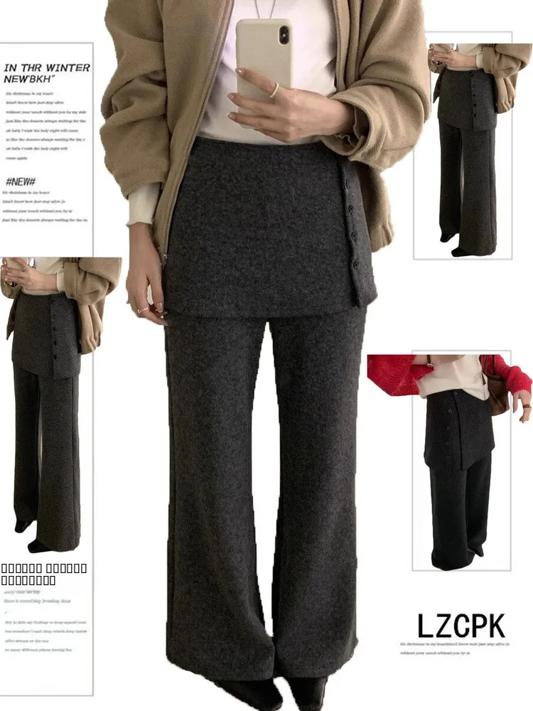 

Широкие шерстяные брюки свободного кроя для женщин, повседневные брюки для осени и зимы, съемные джинсы с высокой талией для работы и отдыха