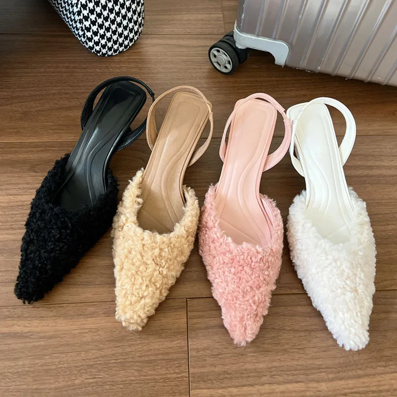 Tender Pink Lambswool Slingback Sandals Woman Autumn  Pointed Toe Plush Pumps Ladies Elegant Evening Party Furry Heel Shoes