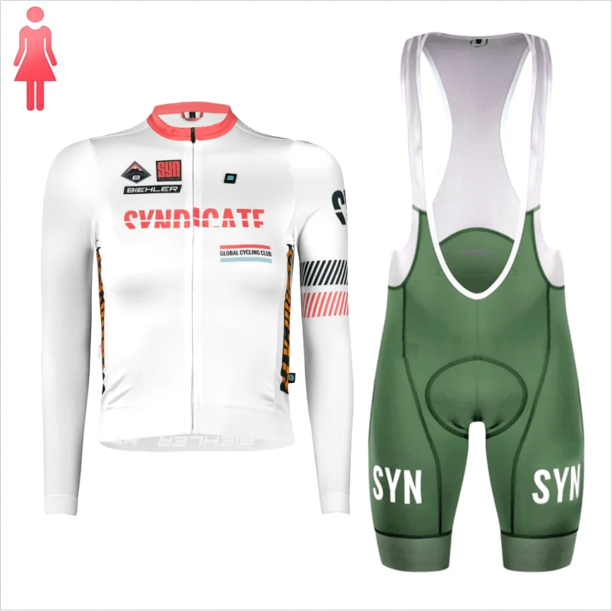 SYN Women\'s long sleeve white cycling jersey and black/red/green bottom new style spring autumn season outdoor cycling clothing