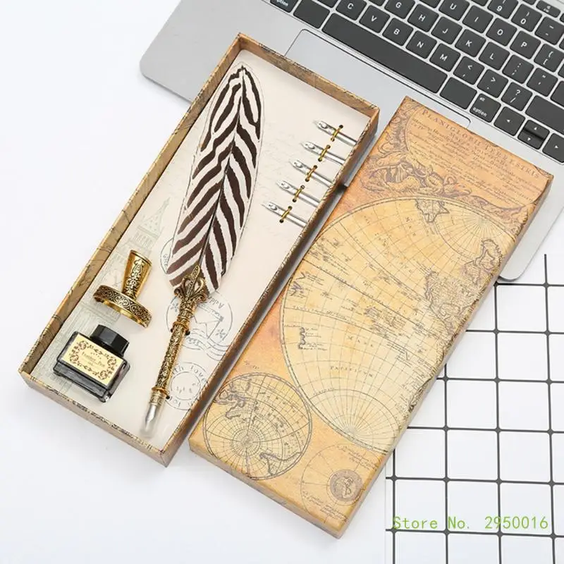 Vintage Feather Dip Pen Set Calligraphy Pen Elegant Writing Instrument with 5 Replaceable Nib Ink Writing Tool