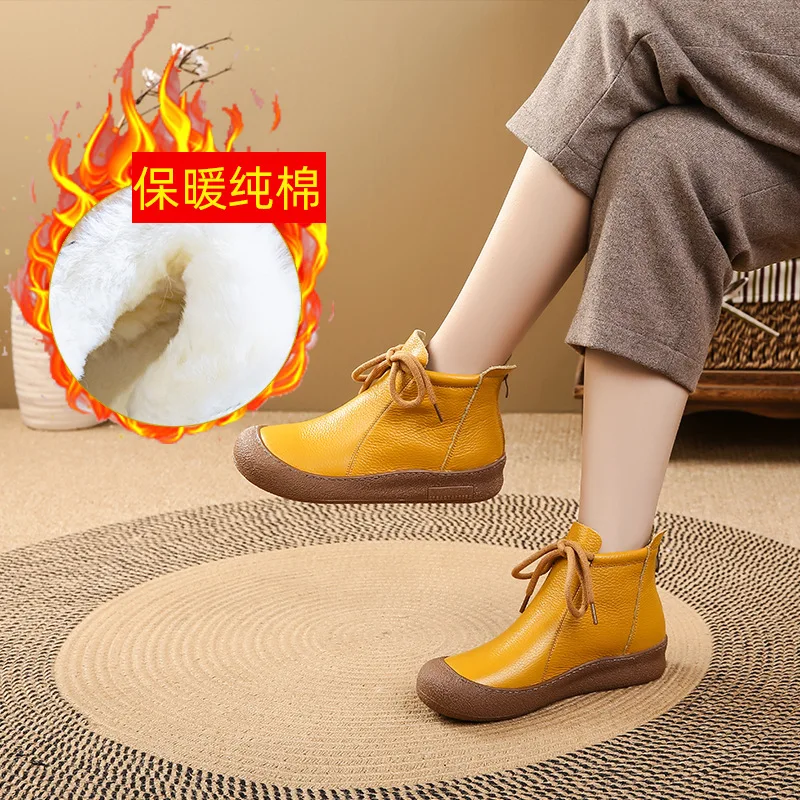 

2025 New women's boots laced up flats shoes for woman concise ankle boot genuine leather waterproof shoes plush booties ladies