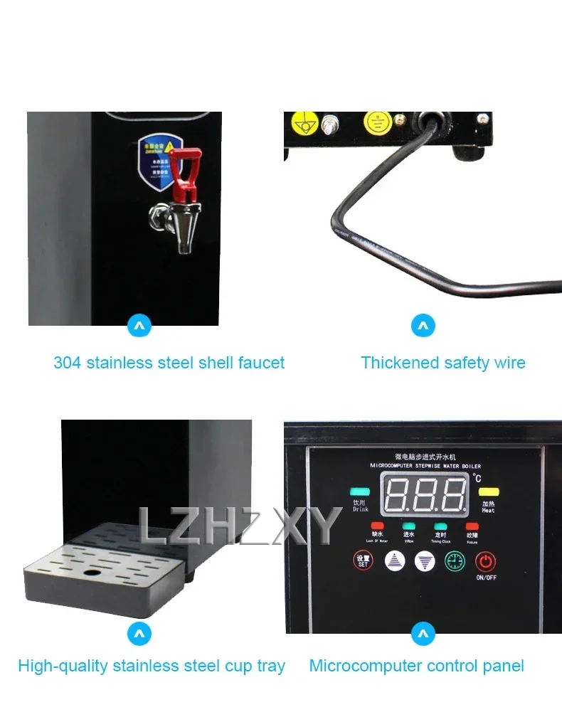 30L Hot Water Dispenser Commercial Hot Water Machine 60L/H Black Stainless Steel Water Boiler for Bubble Tea Shop 3000W