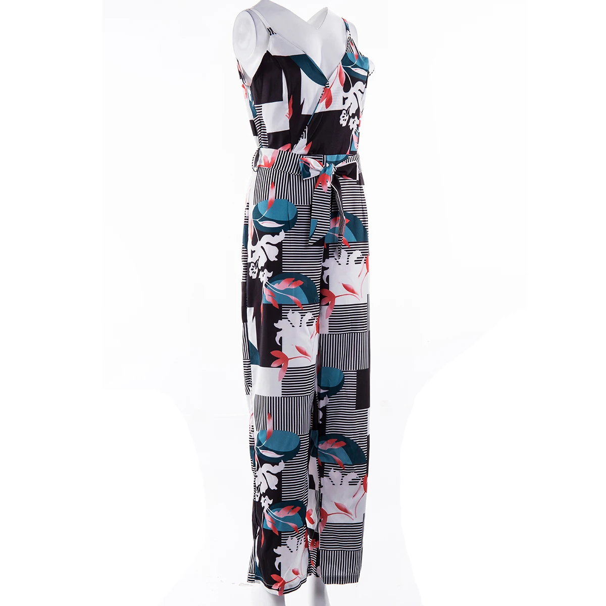 Dames Zomer Lange Jumpsuit Met Bloemenprint Sling V-Hals Lage Borst Losse Romper Rug Rits Up Wijde Pijpen Lange Broek Jumpsuit