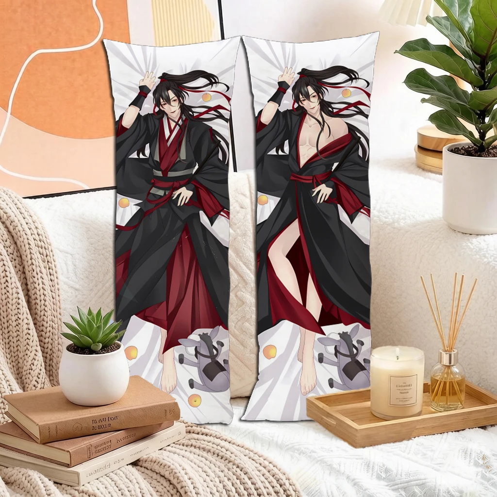 Anime Black Hair Red Ribbon Flute Boy Dakimakura Pillowcase Double Sided Long Body Pillow Cover Peach Skin 160x50cm For Otaku