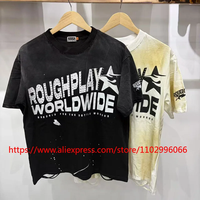 2026 New Rough Play Men's T-Shirt Star Graphic Rhinestone Vintage Wash Distressed Loose Casual Tee